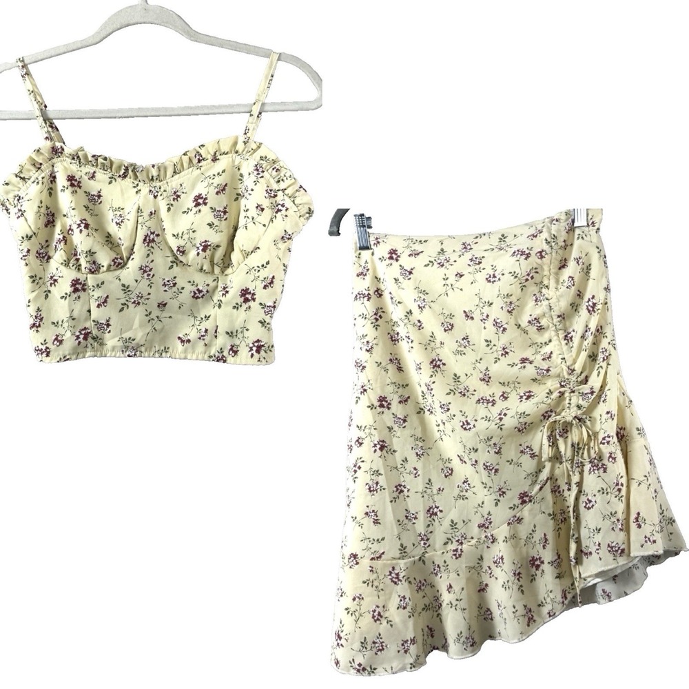 Cottage Corset Skirt 2 Piece Medium Milkmaid Dainty Floral Fairy Ruched Ruffle